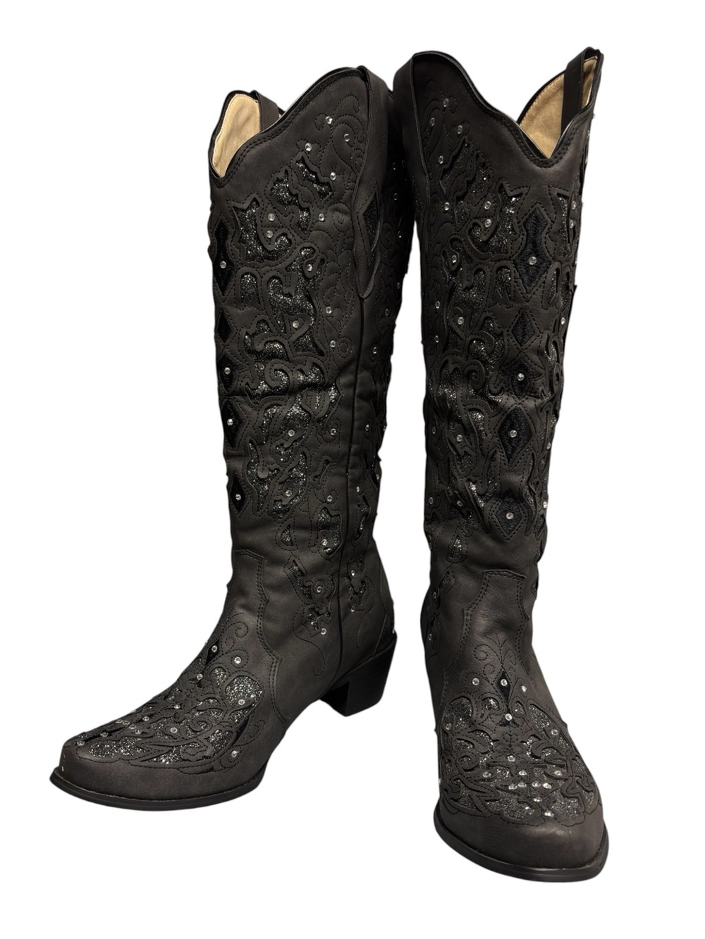 Gray Rhinestone Studded Glitter Inlay Knee High Cowboy Boots - Picture 3 of 7